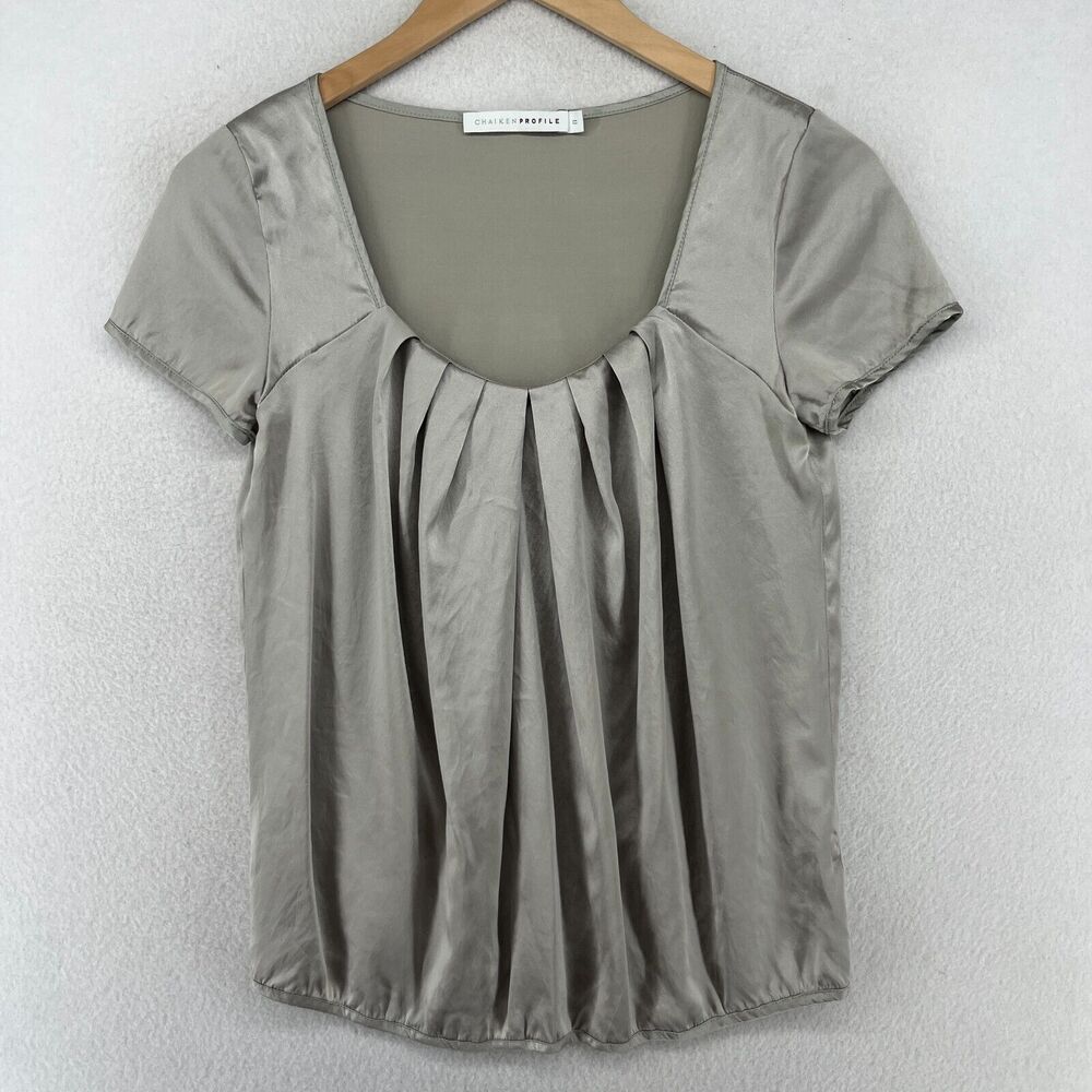 CHAIKEN PROFILE Top 0 XS Stretch Silk Satin Pleated Cap Sleeve Gray Silver USA